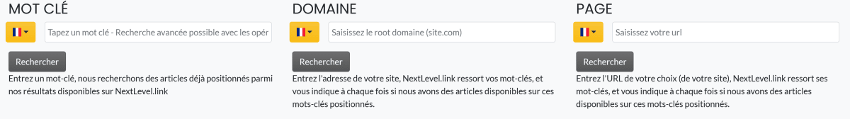 recherche par mots clés, domaine et page