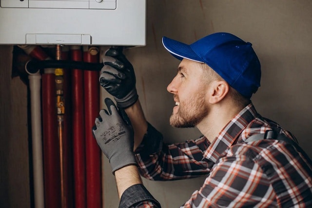 plombier réglant le système de chauffage de la maison
