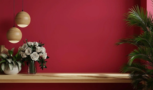 Vaisselle rose magenta posée sur une étagère en bois dans une cuisine